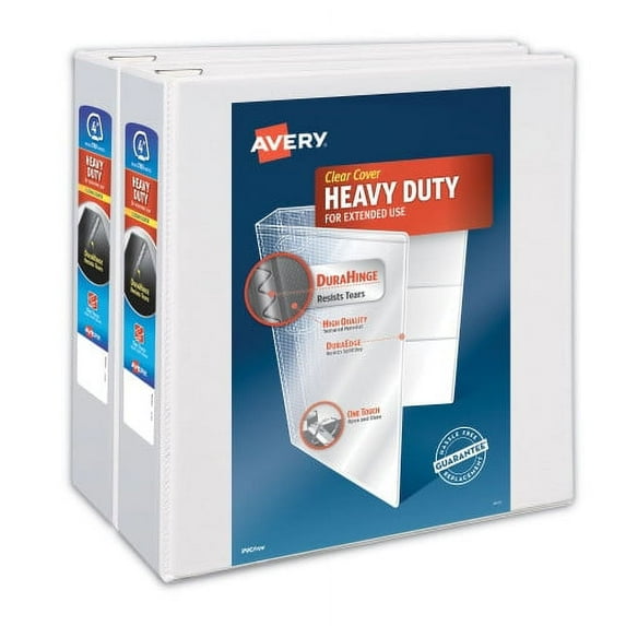 Avery Heavy-Duty Non Stick View Binder with DuraHinge and Slant Rings, 3 Rings, 4" Capacity, 11 x 8.5, White, 2/Pack