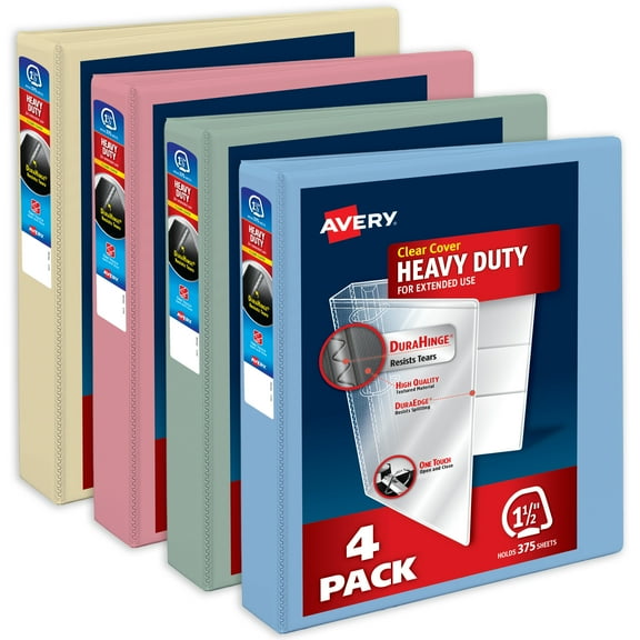 Avery Heavy-Duty View 3 Ring Binders, 1.5 inch One Touch Slant Rings, 375-Sheet Capacity, DuraHinge, 2.1 inch Wide Spine, Customizable Clear Cover and Spine, Assorted Pastel Colors (4-Pack of 79634)