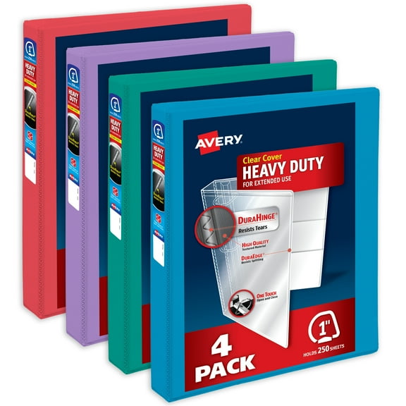 Avery Heavy-Duty View 3 Ring Binders, 1 inch One Touch Slant Rings, 250-Sheet Capacity, DuraHinge, 1.4 inch Wide Spine, Customizable Clear Cover and Spine, Assorted Bright Colors (4-Pack of 79630)