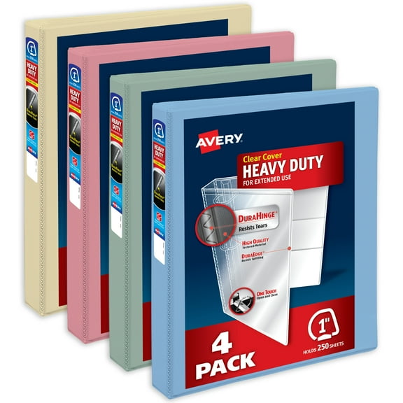 Avery Heavy-Duty View 3 Ring Binders, 1 inch One Touch Slant Rings, 250-Sheet Capacity, DuraHinge, 1.4 inch Wide Spine, Customizable Clear Cover and Spine, Assorted Pastel Colors (4-Pack of 79631)