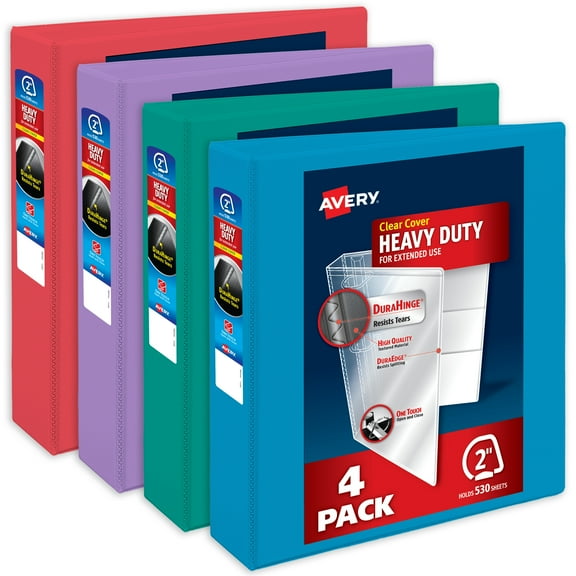 Avery Heavy-Duty View 3 Ring Binders, 2 inch One Touch Slant Rings, 530-Sheet Capacity, DuraHinge, 2.8 inch Wide Spine, Customizable Clear Cover and Spine, Assorted Bright Colors (4-Pack of 79636)