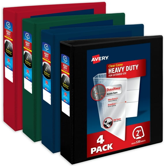 Avery Heavy-Duty View 3 Ring Binders, 2 inch One Touch Slant Rings, 530-Sheet Capacity, DuraHinge, 2.8 inch Wide Spine, Customizable Clear Cover and Spine, Assorted Dark Colors (4-Pack of 79638)
