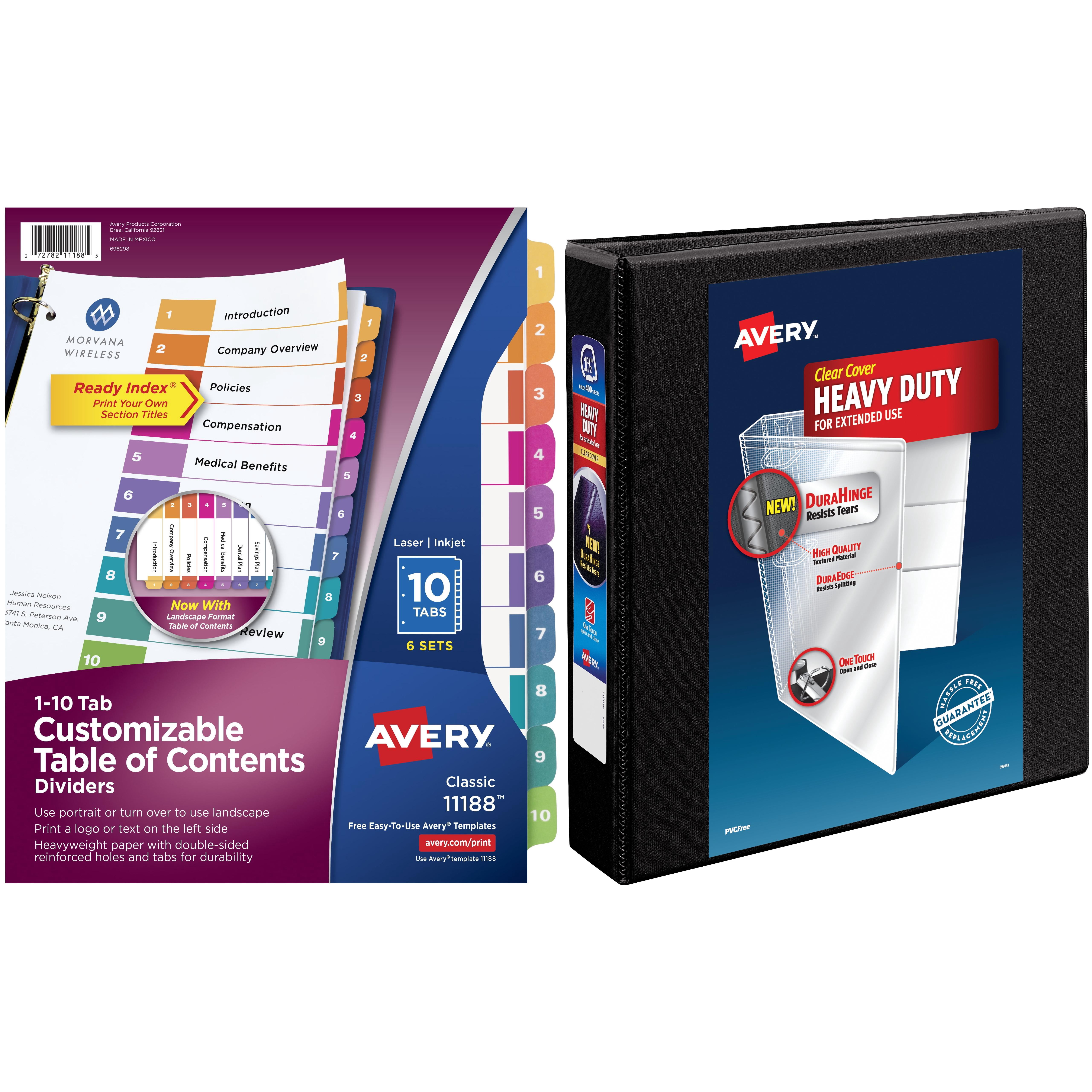 Avery Heavy-Duty View Binder with EZD Ring, Black, 1.5" with Avery Ready Index Table of Contents Dividers 11188, 10-Tab, 6 Sets Bundle