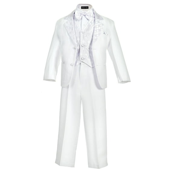 Boy's Formal 5 Piece Tuxedo Suit Dresswear Set (White Diamond, 5)