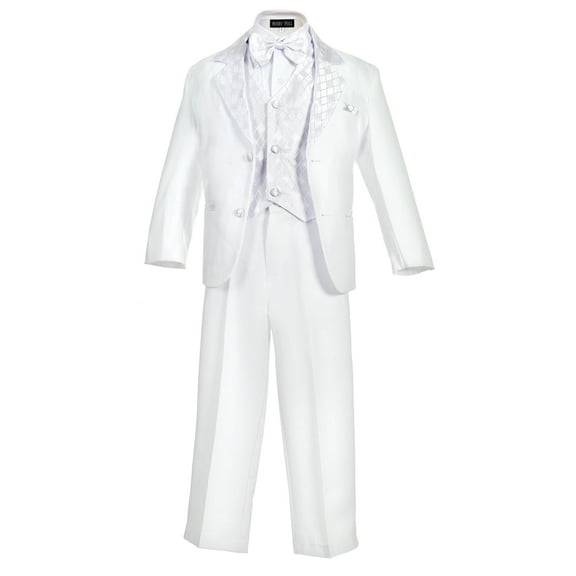 Avery Hill Boy's Formal 5 Piece Tuxedo Suit Dresswear Set (White Diamond, 14)