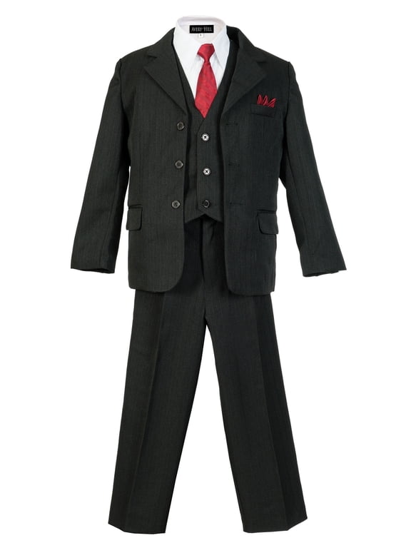 Boys Pinstripe Suit Set with Matching Tie (Toddler, Little Boys, Big Boys) Black, 6