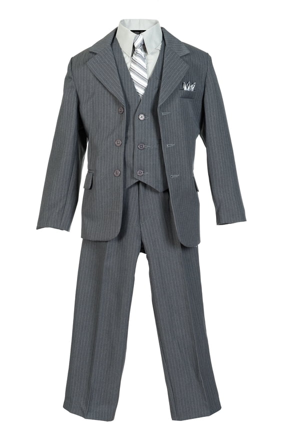 Boys Pinstripe Suit Set with Matching Tie (Toddler, Little Boys, Big Boys) Light Gray, 12