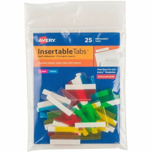 Avery® Index Tabs with Printable Inserts, Print-on Tab(s), 1" Tab Height, Self-adhesive, Permanent, Assorted Plastic Tab(s) (S100) | 5 Packs (125 Total)