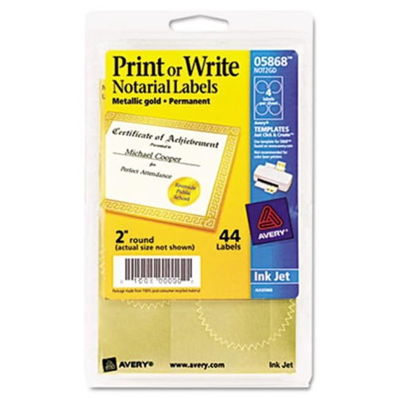 Avery  Inkjet Print or Write Notarial Seals- 2 in Diameter- Gold- 44/Pack