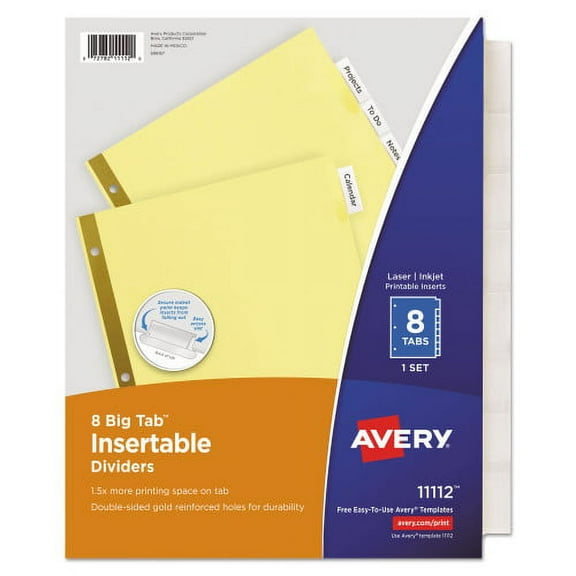 Avery Insertable Big Tab Dividers, 8-Tab, Double-Sided Gold Edge Reinforcing, 11 x 8.5, Buff, Clear Tabs, 1 Set, Each