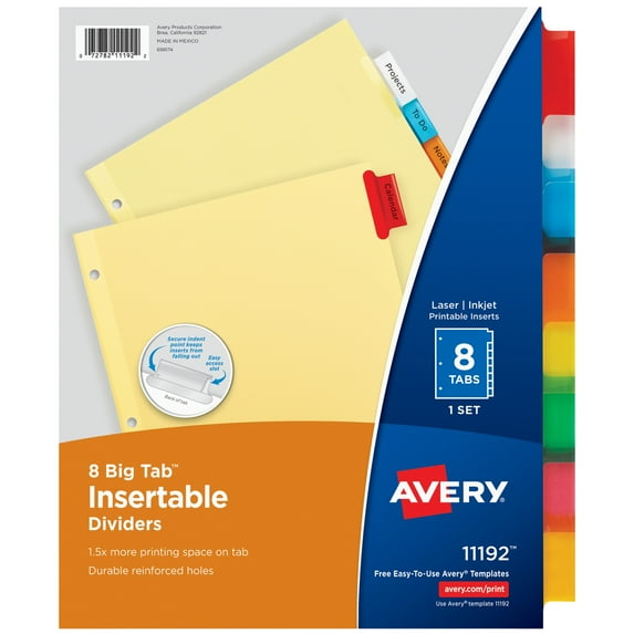 Avery Insertable Divider, 8-Tab, Paper, Buff Color Body, Multicolor Big Tabs, Printable, 1 Set