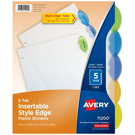 Avery Insertable Divider, Style Edge, 5-Tab, Plastic, Printable Inserts, Multicolor Tabs, 1 Set