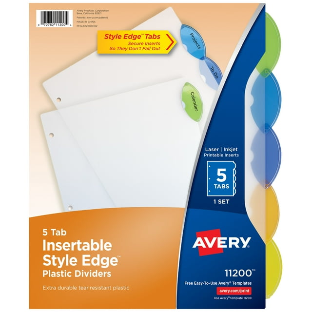 Avery Insertable Divider, Style Edge, 5-Tab, Plastic, Printable Inserts, Multicolor Tabs, 1 Set