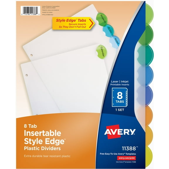 Avery Insertable Divider, Style Edge, 8-Tab, Plastic, Printable Inserts, Multicolor Tabs, 1 Set