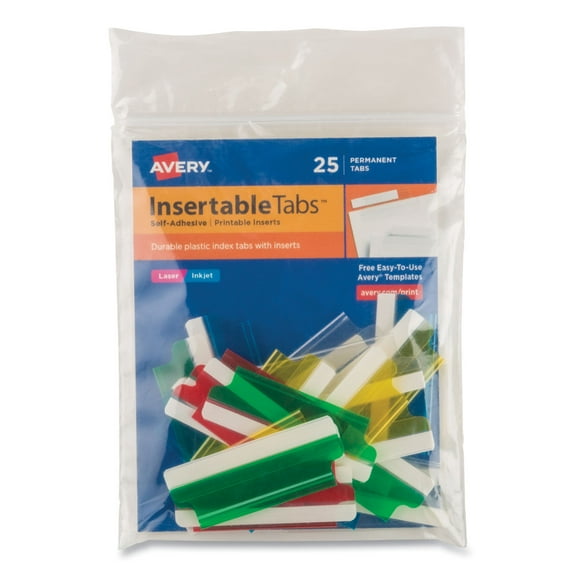 Avery Insertable Index Tabs with Printable Inserts, 1/5-Cut, Assorted Colors, 2" Wide, 25/Pack, Each