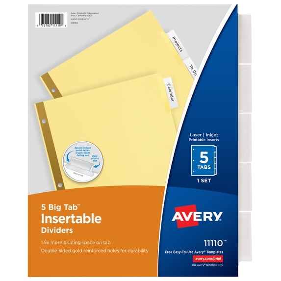 Avery 5-Tab Dividers, Insertable Clear Big Tabs, 1 Set (11110)