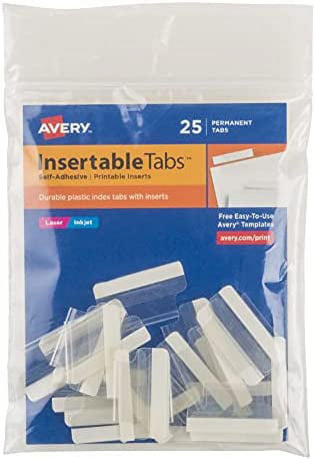 Avery Insertable SelfAdhesive Tabs with Printable Inserts, 1", Permanent Adhesive, Clear, Pack