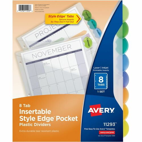 Avery® Insertable Style Edge Plastic Dividers with Pockets, 8-tab, 9.3" Divider Width x 11.25" Divider Length (11293) | 2 Sets (16 Total)