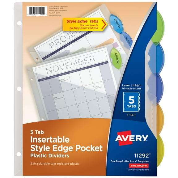 Avery Insertable Style Edge Pocket Plastic Dividers, 5-Tab (11292)