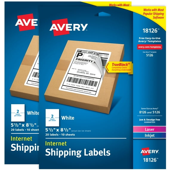 Avery Internet Shipping Labels - Permanent Adhesive - 2 Pack, 5.5 x 8.5 Inch, White (18126)