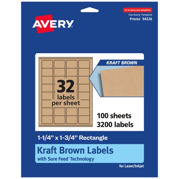 Avery Kraft Brown Rectangle Labels, 1.25" x 1.75", 3,200 Labels
