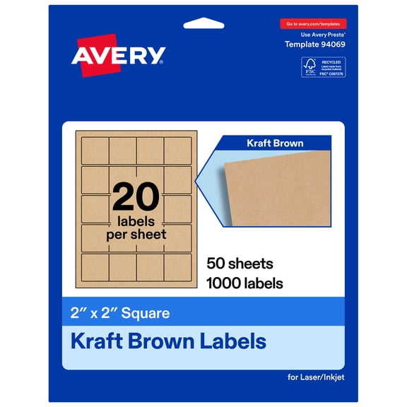 Avery® Kraft Brown Square Labels, 2" x 2", 1000 Total