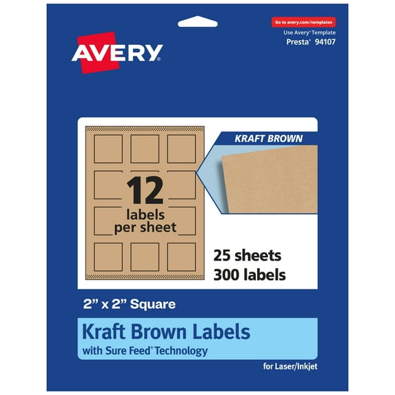 Avery Kraft Brown Square Labels, 2" x 2", 300 Labels
