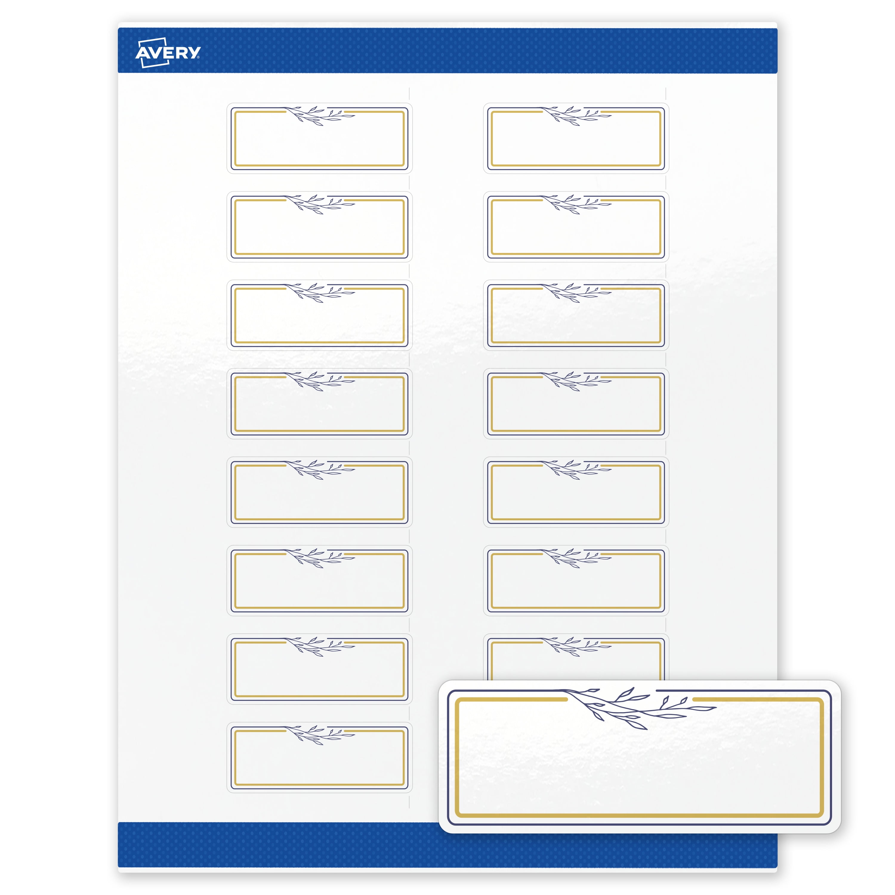 Avery Labels, 1" x 2-5/8", Glossy White, Gold & Navy Border w/ Florals, 160ct