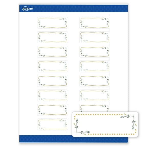 Avery Labels, 1" x 2-5/8", Matte White, Green Florals/Gold Dots