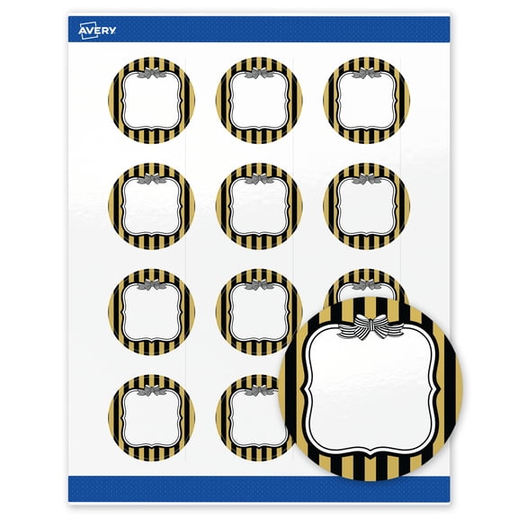 Avery Labels, 2" Diameter, Glossy White, Gold & Black Stripes/Bow