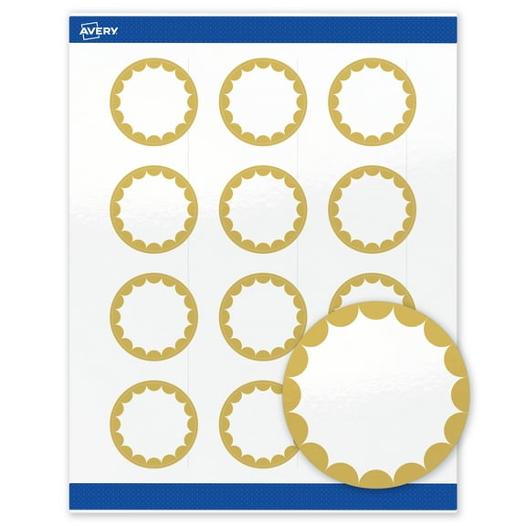 Avery Labels, 2" Diameter, Glossy White, Gold Dots Edge