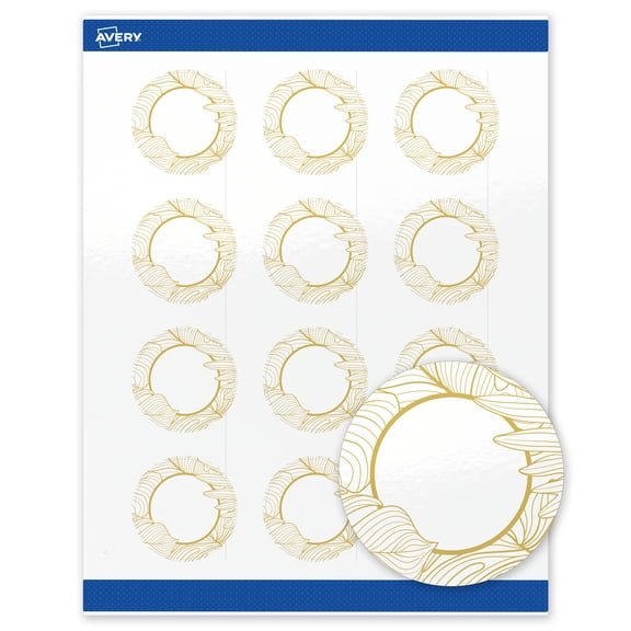 Avery Labels, 2" Diameter, Glossy White, Gold Monstera Leaves