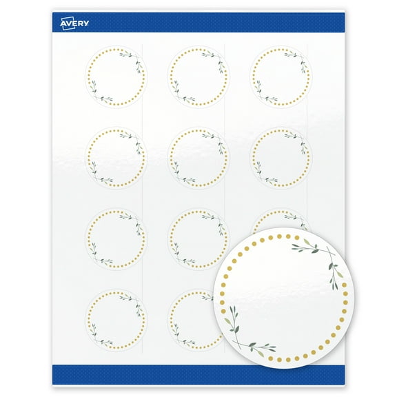 Avery Labels, 2" Diameter, Glossy White, Green Florals w/ Gold Dots, 120ct