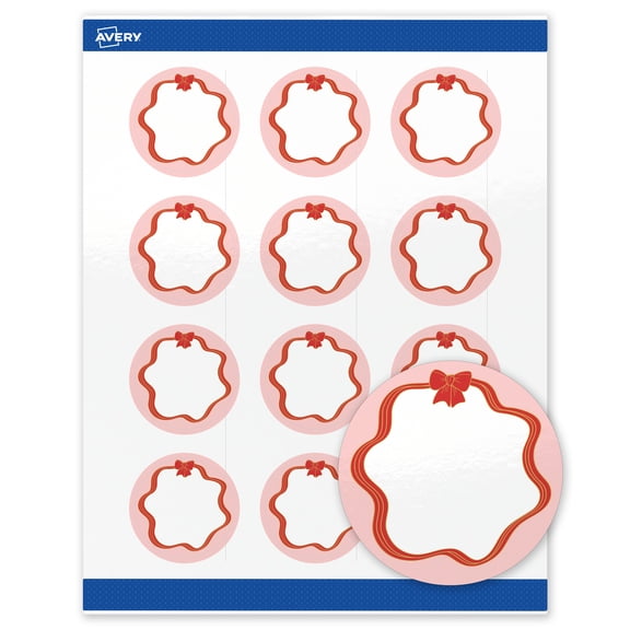 Avery Labels, 2" Diameter, Glossy White, Pink/Red & Gold Bow