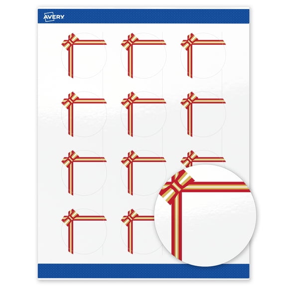 Avery Labels, 2" Diameter, Gold-Red Gift Bow, Glossy, 120ct