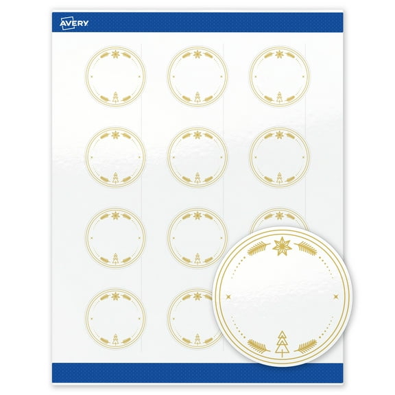 Avery® Labels, 2" Diameter, Gold-White Christmas Trees, Glossy, 120
