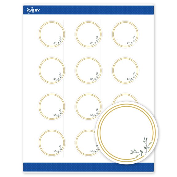 Avery Labels, 2" Diameter, Matte Gold Border w/ Florals, 120ct