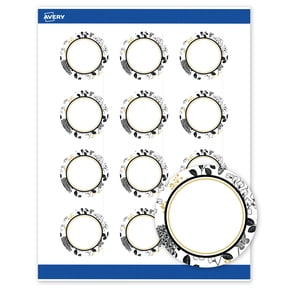 Avery Labels, 2" Diameter, Matte White, Arched Gold & Black Florals