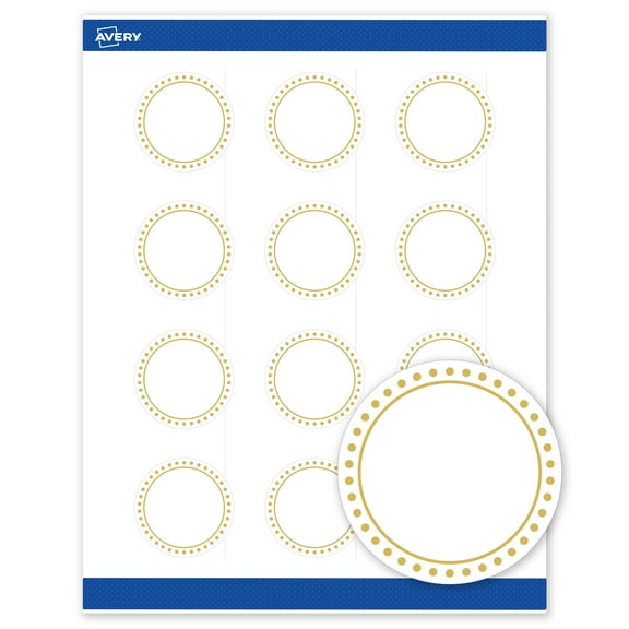 Avery Labels, 2" Diameter, Matte White, Gold Border w/ Gold Dots, 120ct