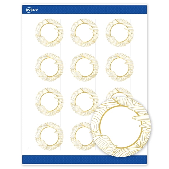 Avery Labels, 2" Diameter, Matte White, Gold Monstera Leaves