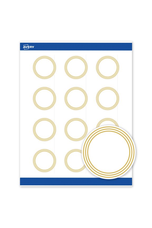 Labels, 2" Diameter, Matte White, Multi-Lined Gold Border