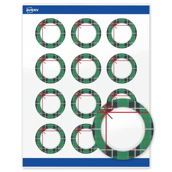 Avery® Labels, 2" Diameter, Silver-Green Plaid, Glossy, 120ct