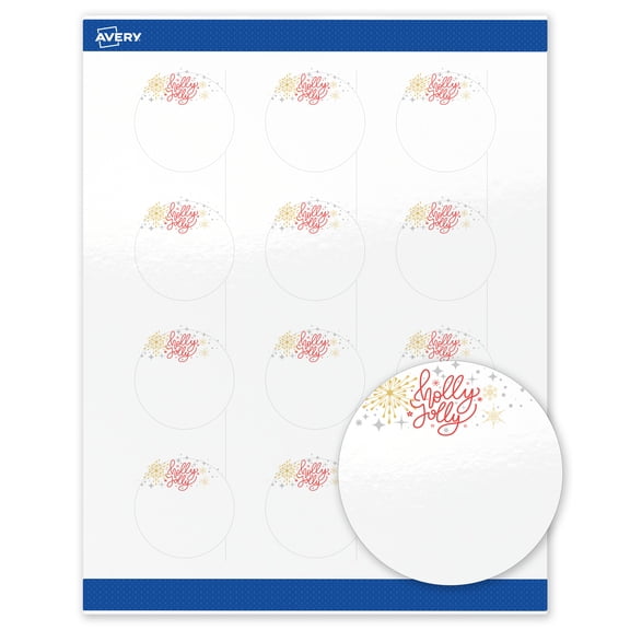 Avery Labels, 2" Diameter, Silver-Holly Sparkles, Glossy, 120ct