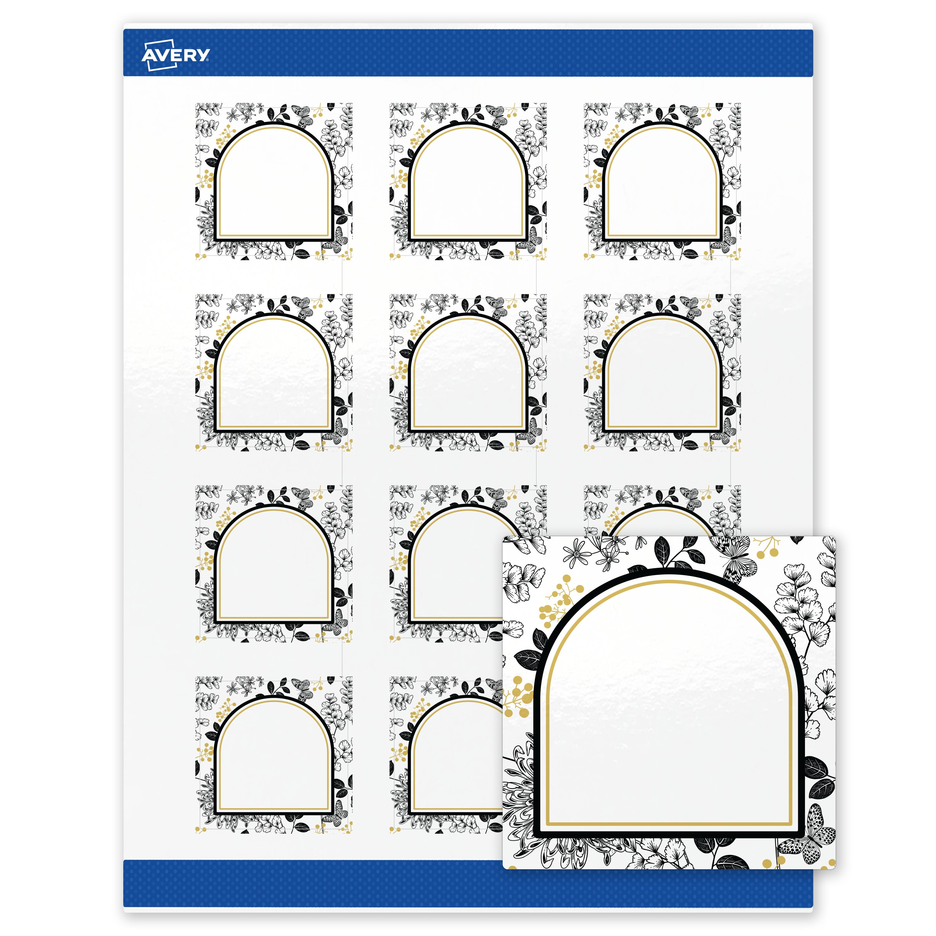 Avery Labels, 2" x 2", Glossy White, Arched Gold & Black Florals