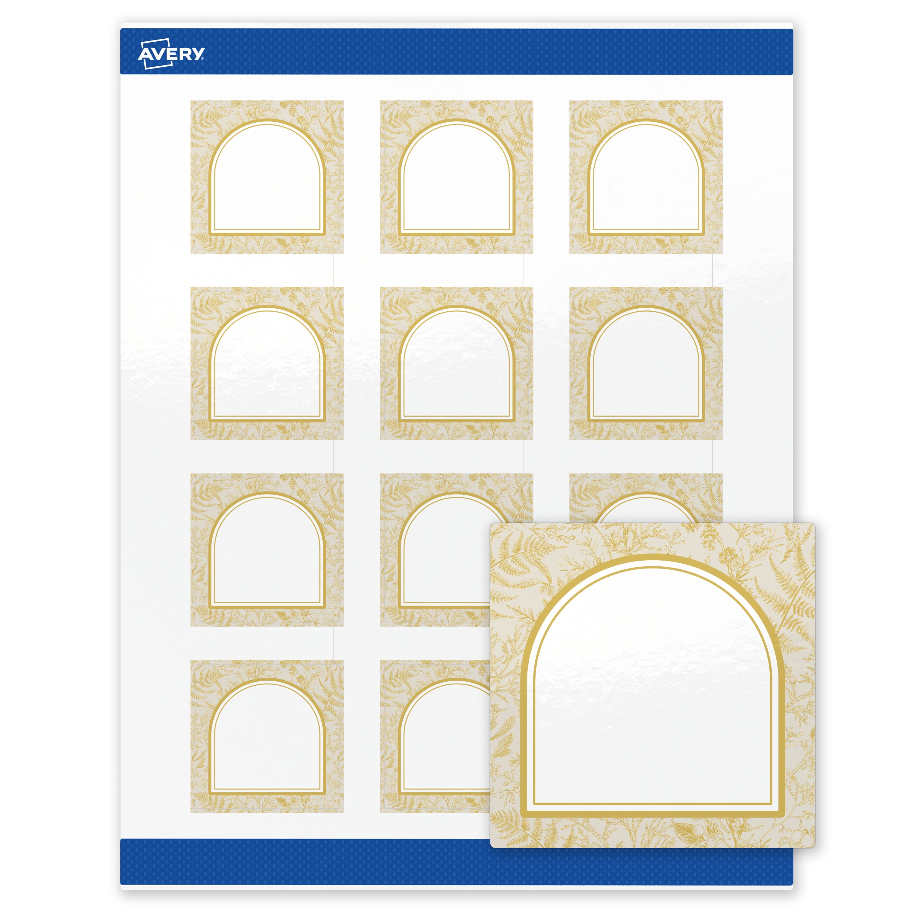 Avery Labels, 2" x 2", Glossy White, Arched Metallic Gold Florals