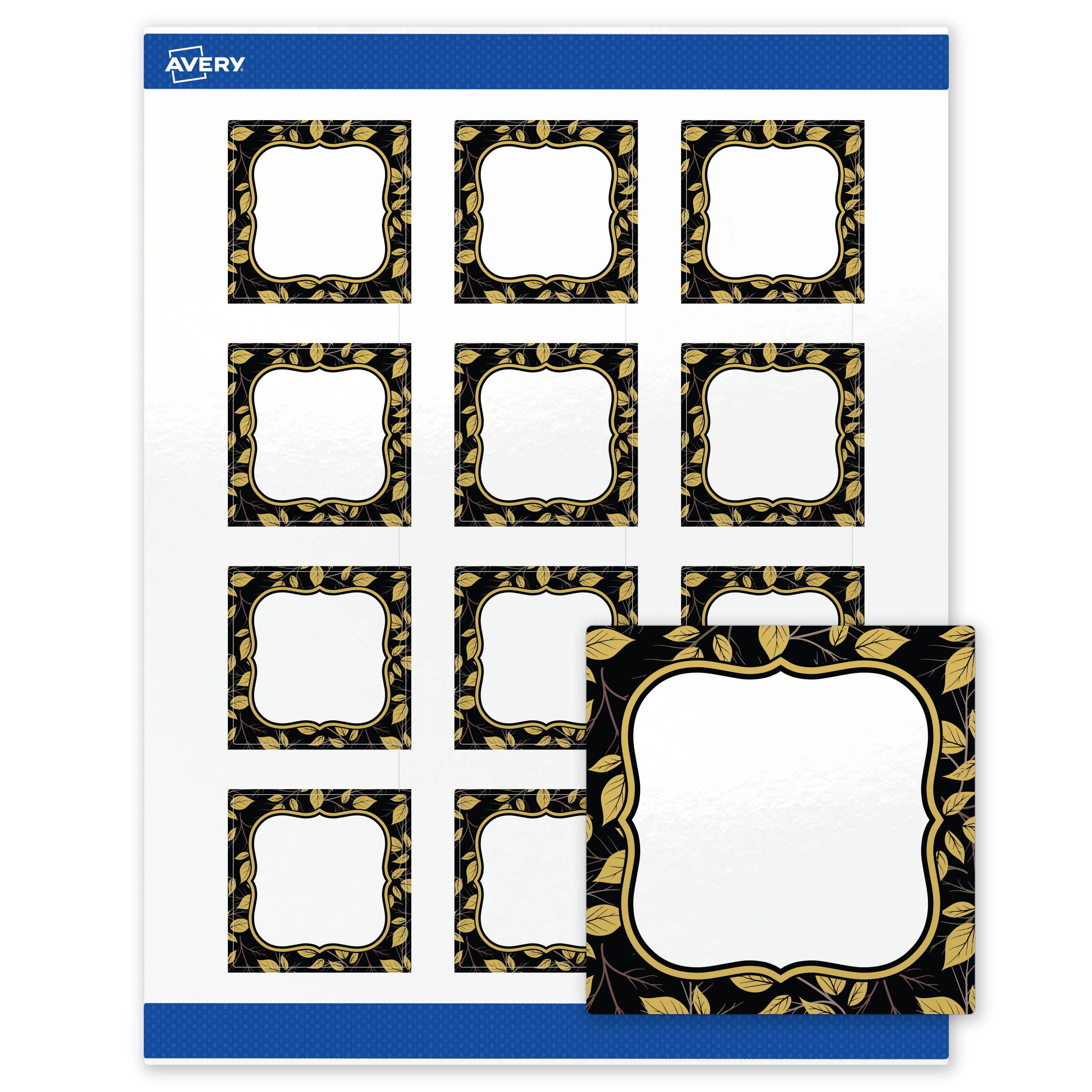 Avery Labels, 2" x 2", Glossy White, Black Flourish/Golden Leaves
