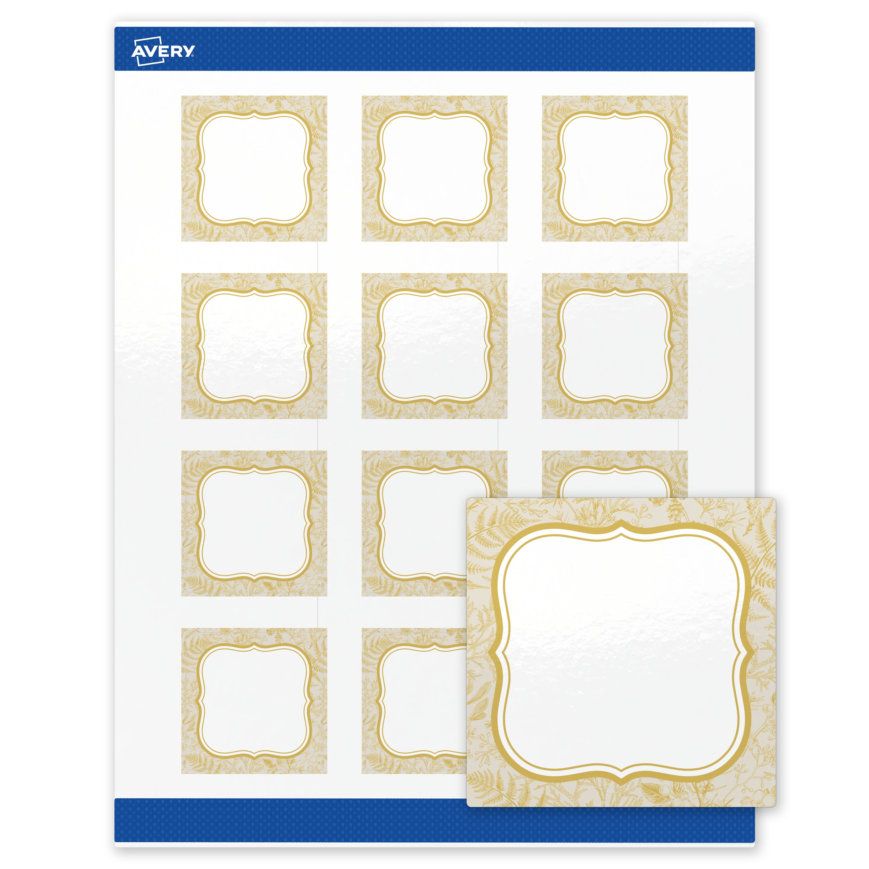 Avery Labels, 2" x 2", Glossy White, Flourished Metallic Gold Florals