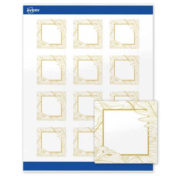 Avery Labels, 2" x 2", Glossy White, Gold Monstera Leaves