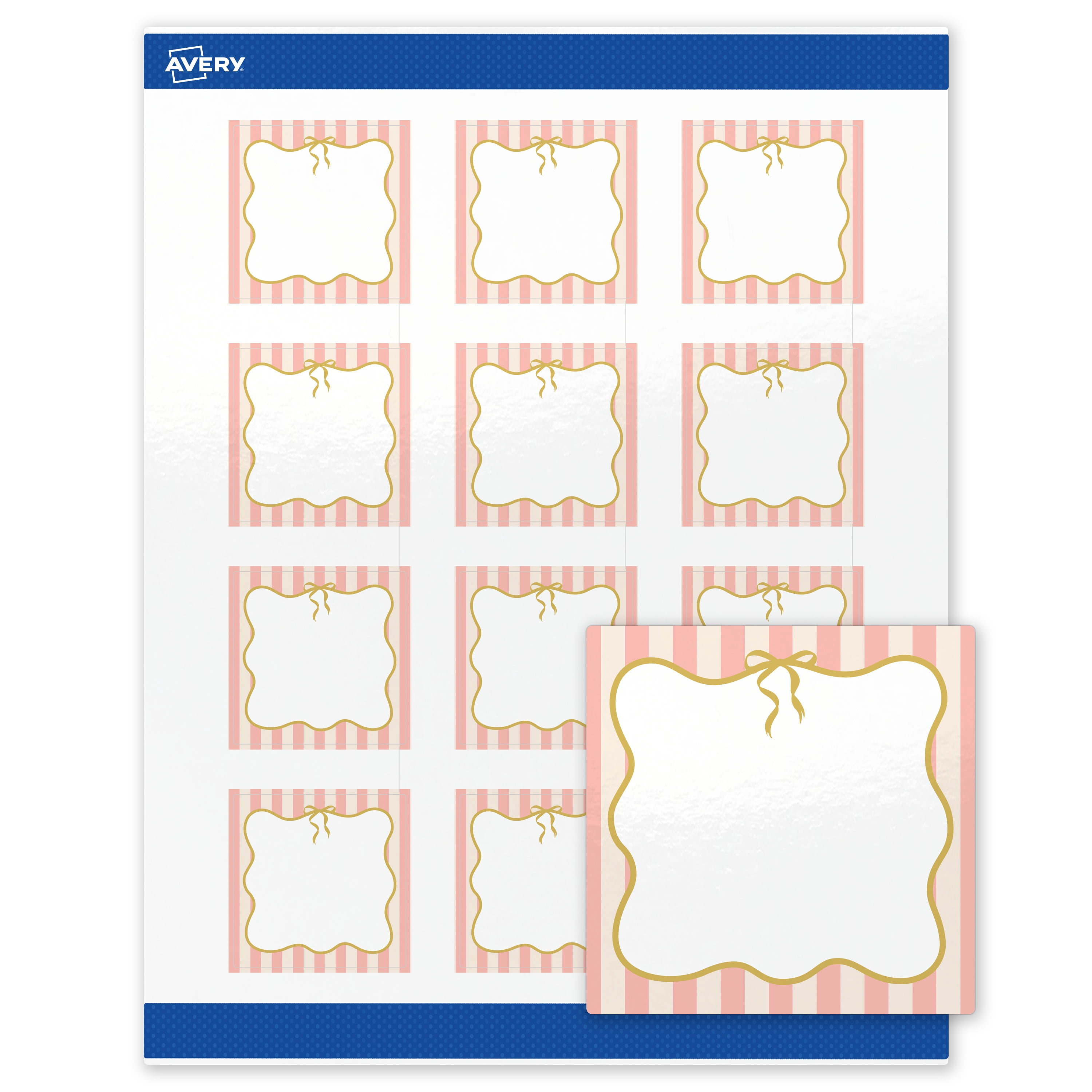 Avery Labels, 2" x 2", Glossy White, Pink Stripes/Gold Bow