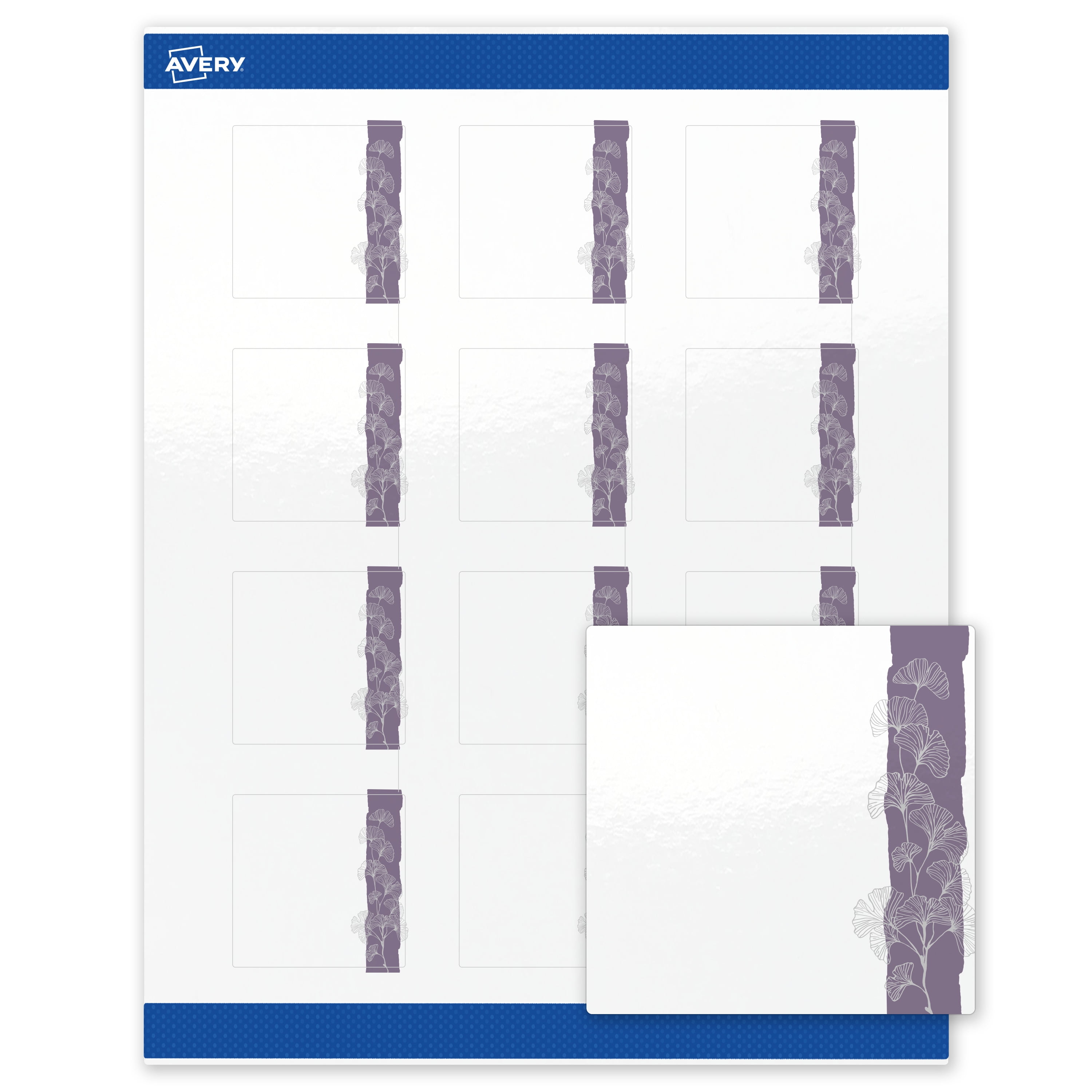 Avery Labels, 2" x 2", Glossy White, Purple & Silver Gingko Leaves